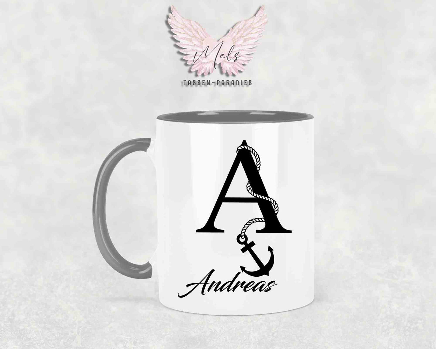 Anker-Alphabet mit Name - Personalisierte Keramik-Tasse Grau