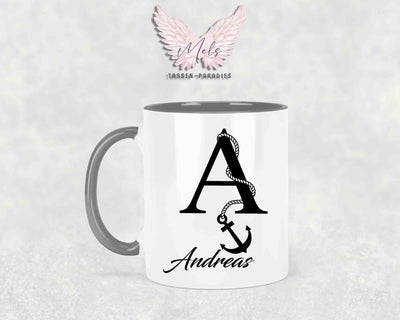 Anker-Alphabet mit Name - Personalisierte Keramik-Tasse Grau