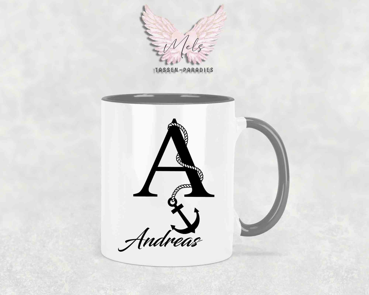 Anker-Alphabet mit Name - Personalisierte Keramik-Tasse Grau