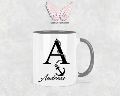 Anker-Alphabet mit Name - Personalisierte Keramik-Tasse Grau