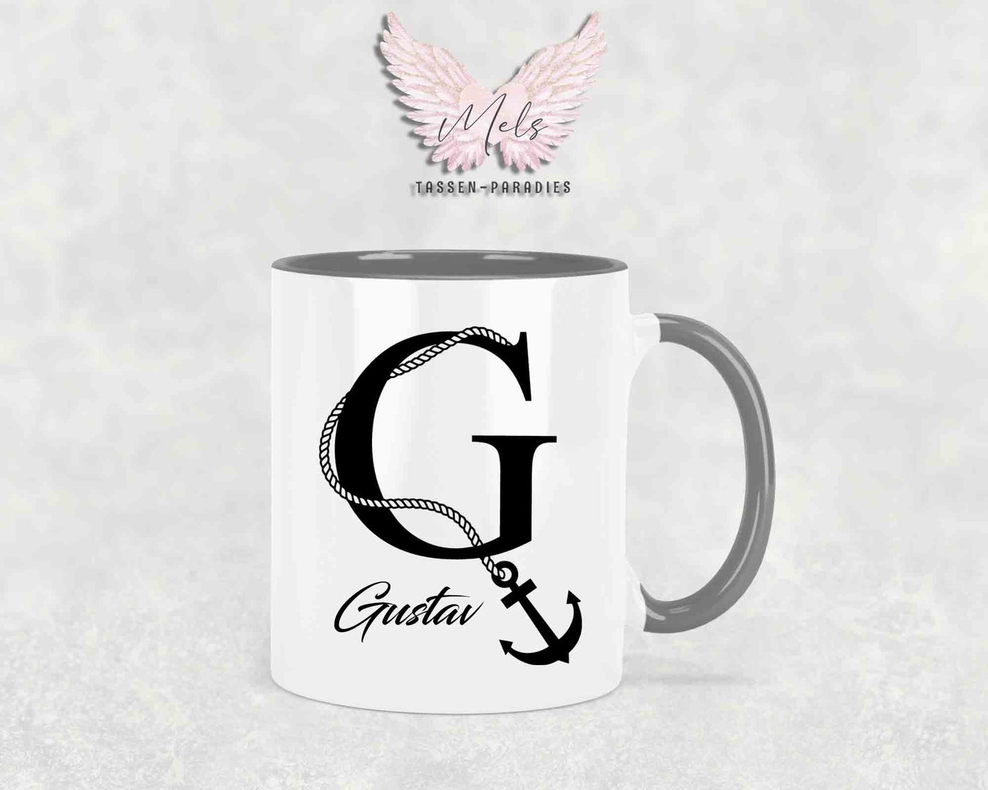 Anker-Alphabet mit Name - Personalisierte Keramik-Tasse Grau