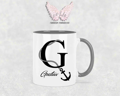 Anker-Alphabet mit Name - Personalisierte Keramik-Tasse Grau