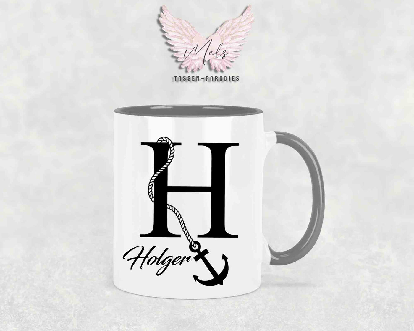 Anker-Alphabet mit Name - Personalisierte Keramik-Tasse Grau