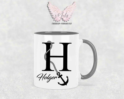 Anker-Alphabet mit Name - Personalisierte Keramik-Tasse Grau