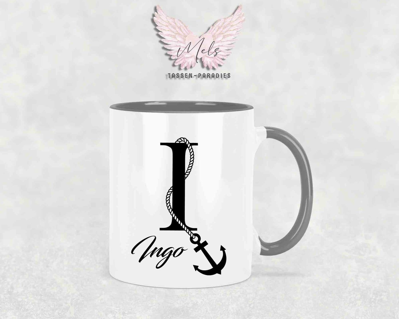 Anker-Alphabet mit Name - Personalisierte Keramik-Tasse Grau