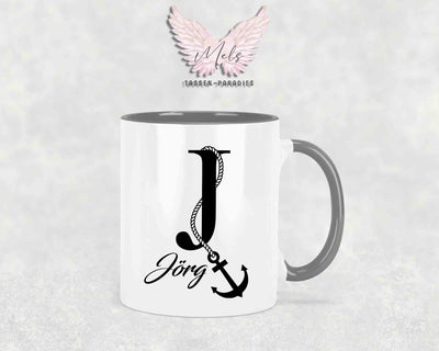 Anker-Alphabet mit Name - Personalisierte Keramik-Tasse Grau