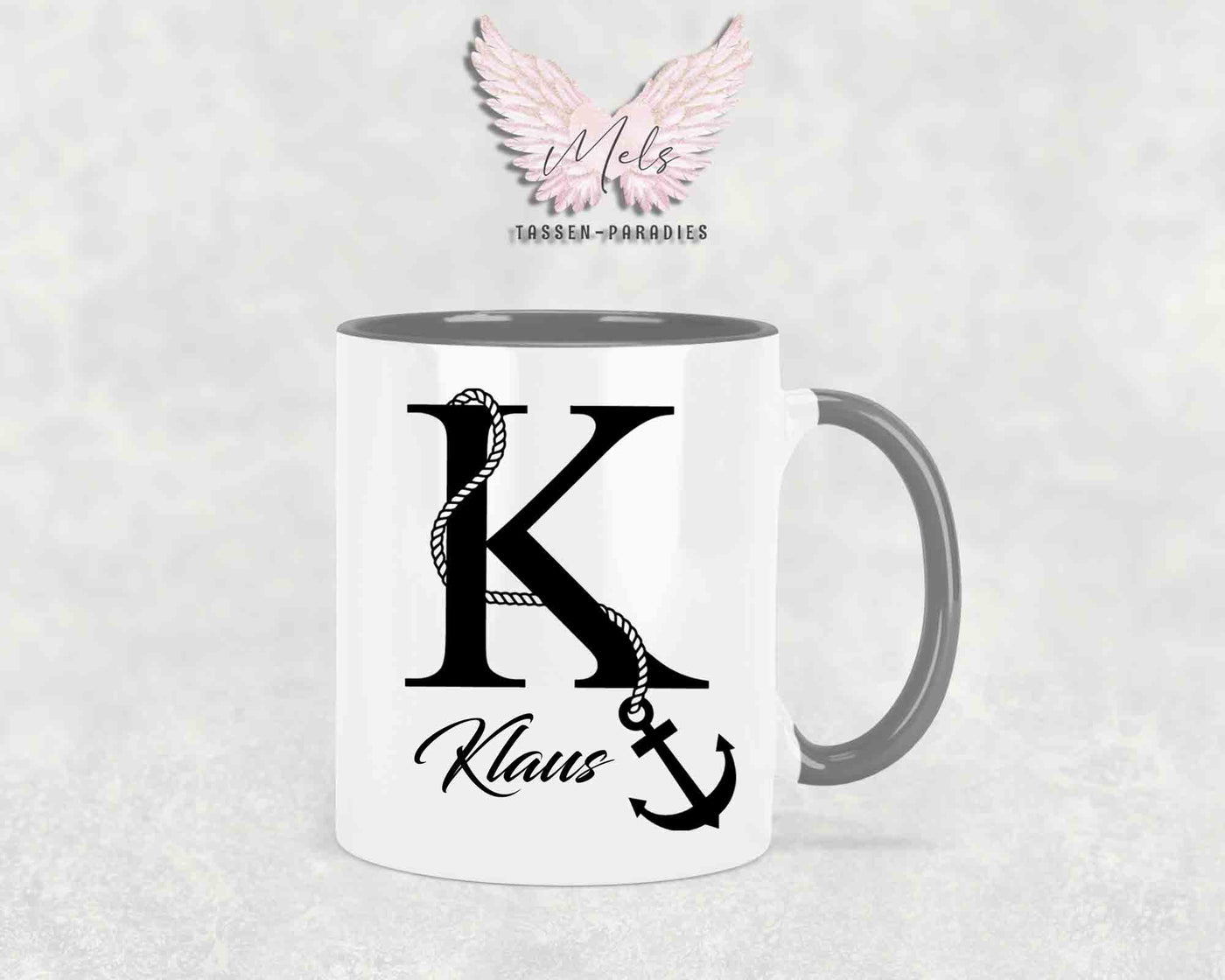 Anker-Alphabet mit Name - Personalisierte Keramik-Tasse Grau