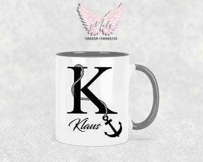 Anker-Alphabet mit Name - Personalisierte Keramik-Tasse Grau