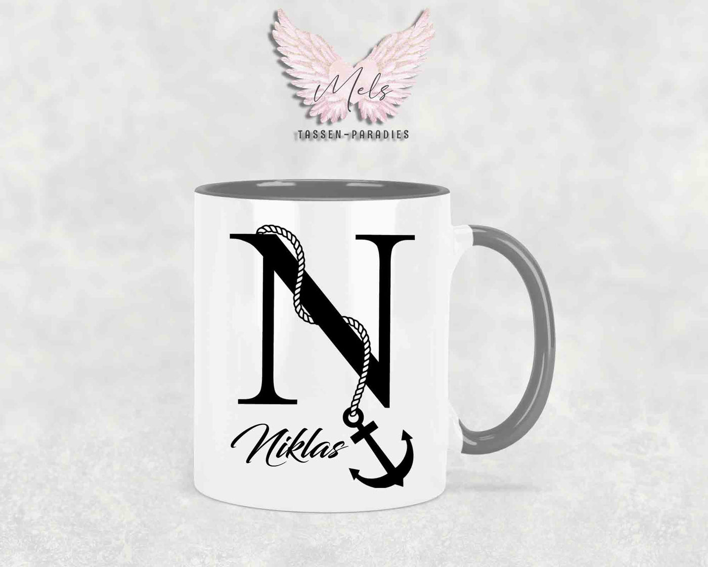 Anker-Alphabet mit Name - Personalisierte Keramik-Tasse Grau