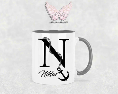 Anker-Alphabet mit Name - Personalisierte Keramik-Tasse Grau