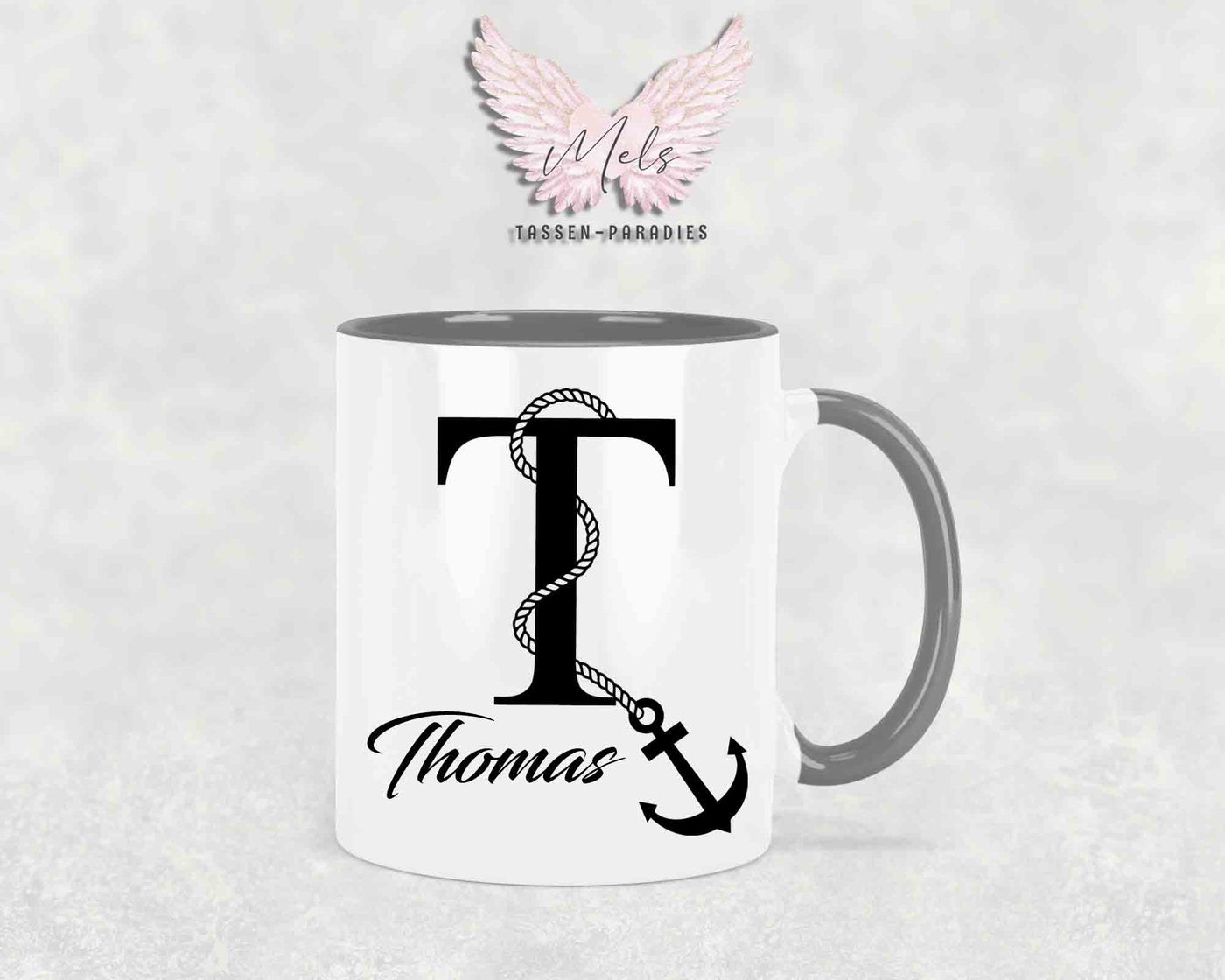 Anker-Alphabet mit Name - Personalisierte Keramik-Tasse Grau