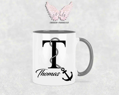 Anker-Alphabet mit Name - Personalisierte Keramik-Tasse Grau