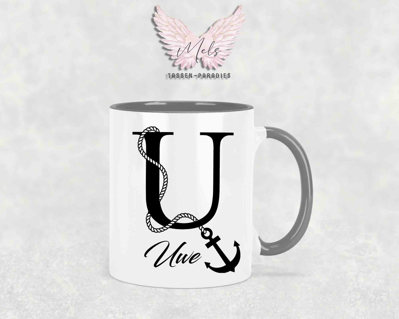Anker-Alphabet mit Name - Personalisierte Keramik-Tasse Grau