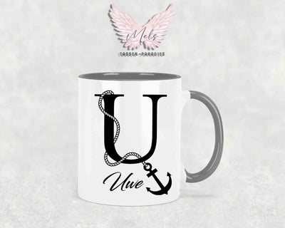 Anker-Alphabet mit Name - Personalisierte Keramik-Tasse Grau