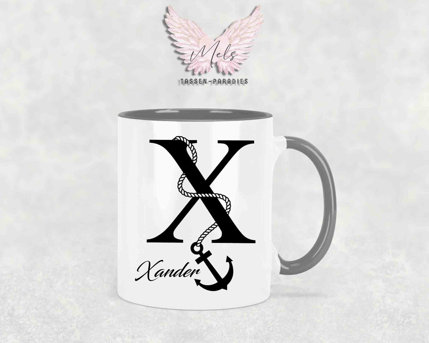 Anker-Alphabet mit Name - Personalisierte Keramik-Tasse Grau