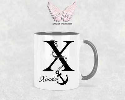 Anker-Alphabet mit Name - Personalisierte Keramik-Tasse Grau