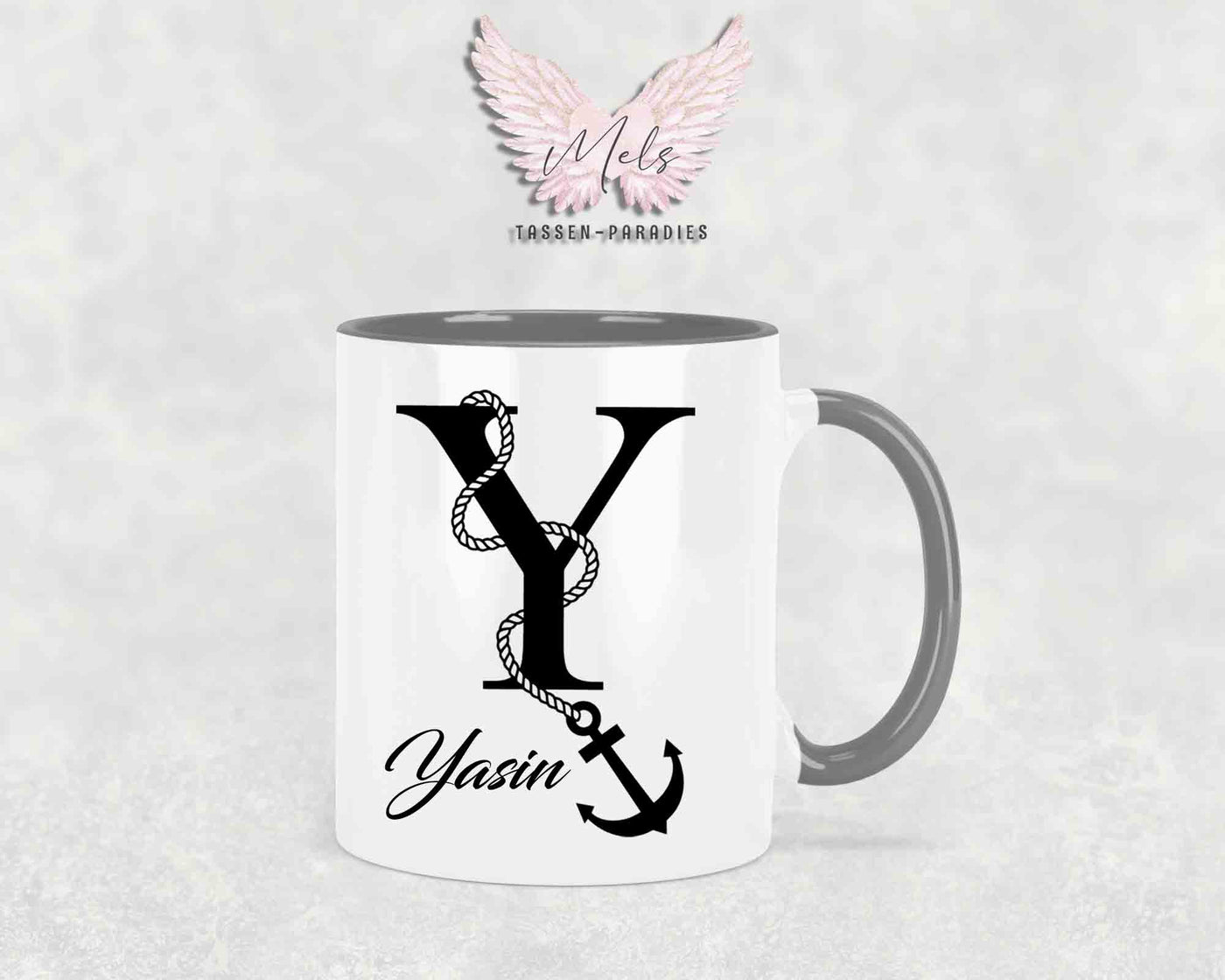 Anker-Alphabet mit Name - Personalisierte Keramik-Tasse Grau