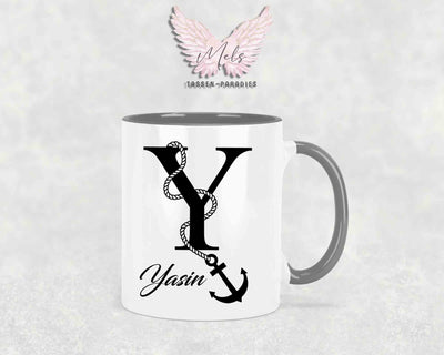 Anker-Alphabet mit Name - Personalisierte Keramik-Tasse Grau