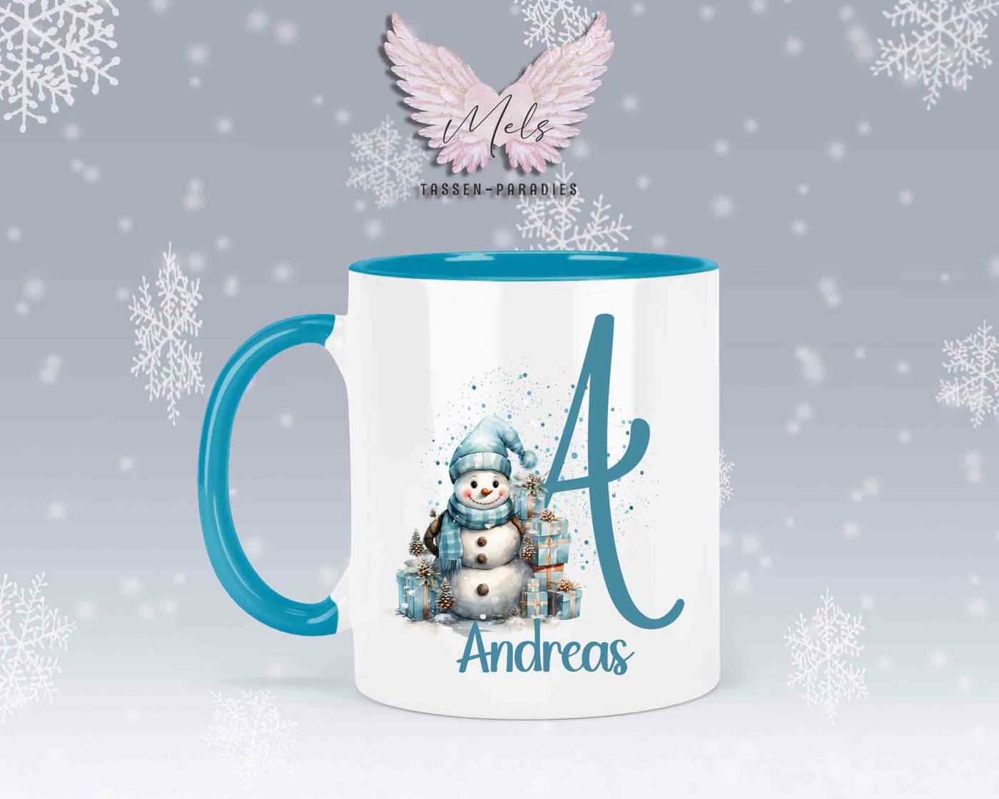 Schneemann Türkis-Alphabet mit Name - Personalisierte Keramik-Tasse Hellblau