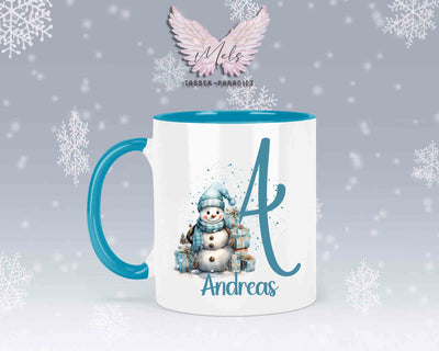 Schneemann Türkis-Alphabet mit Name - Personalisierte Keramik-Tasse Hellblau