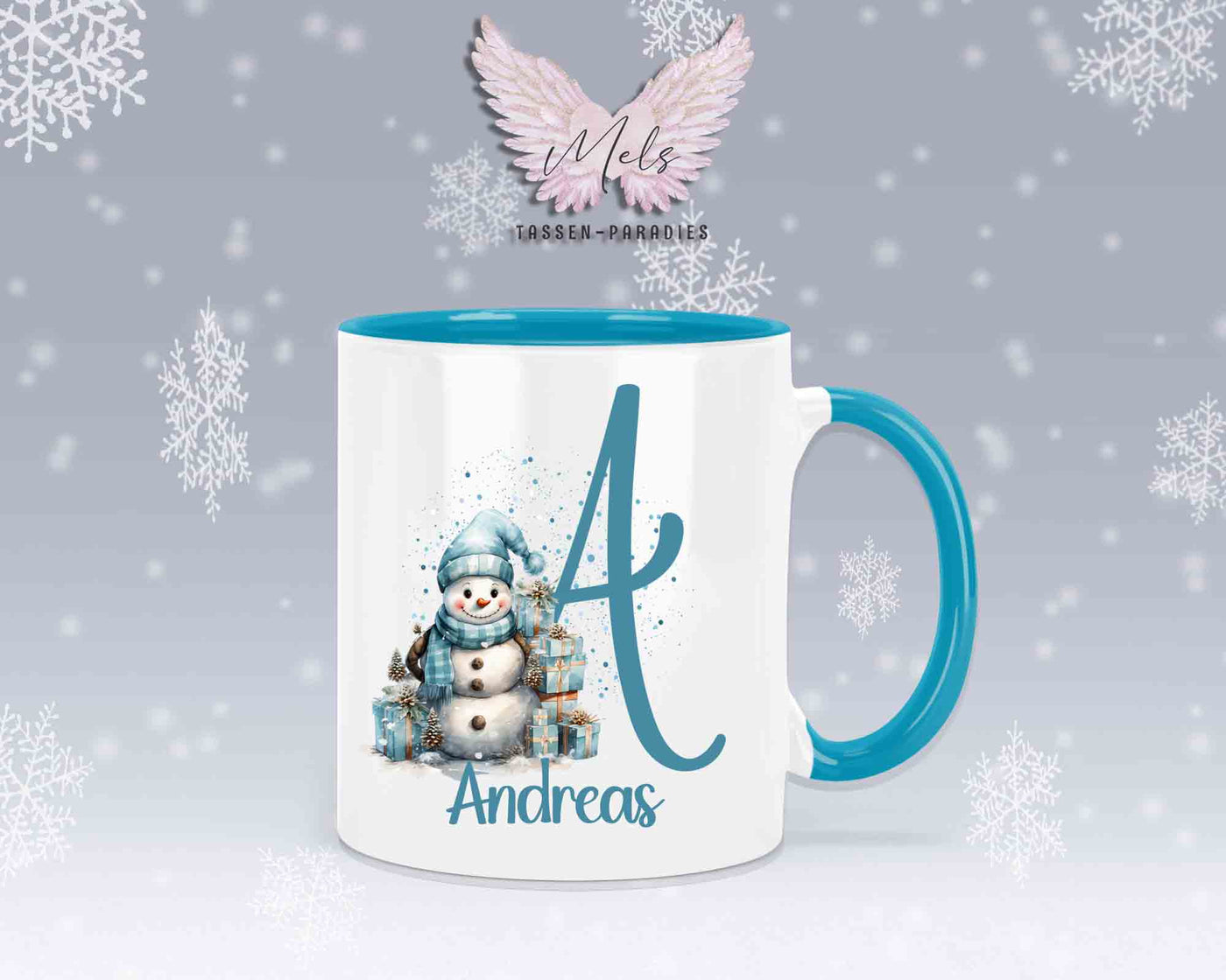 Schneemann Türkis-Alphabet mit Name - Personalisierte Keramik-Tasse Hellblau