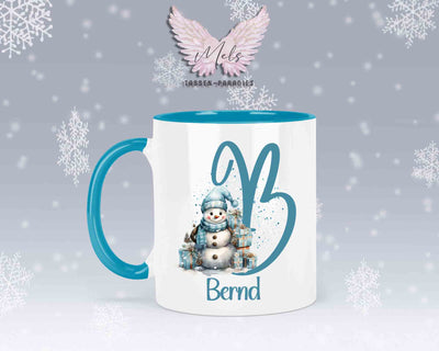 Schneemann Türkis-Alphabet mit Name - Personalisierte Keramik-Tasse Hellblau