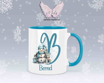 Schneemann Türkis-Alphabet mit Name - Personalisierte Keramik-Tasse Hellblau