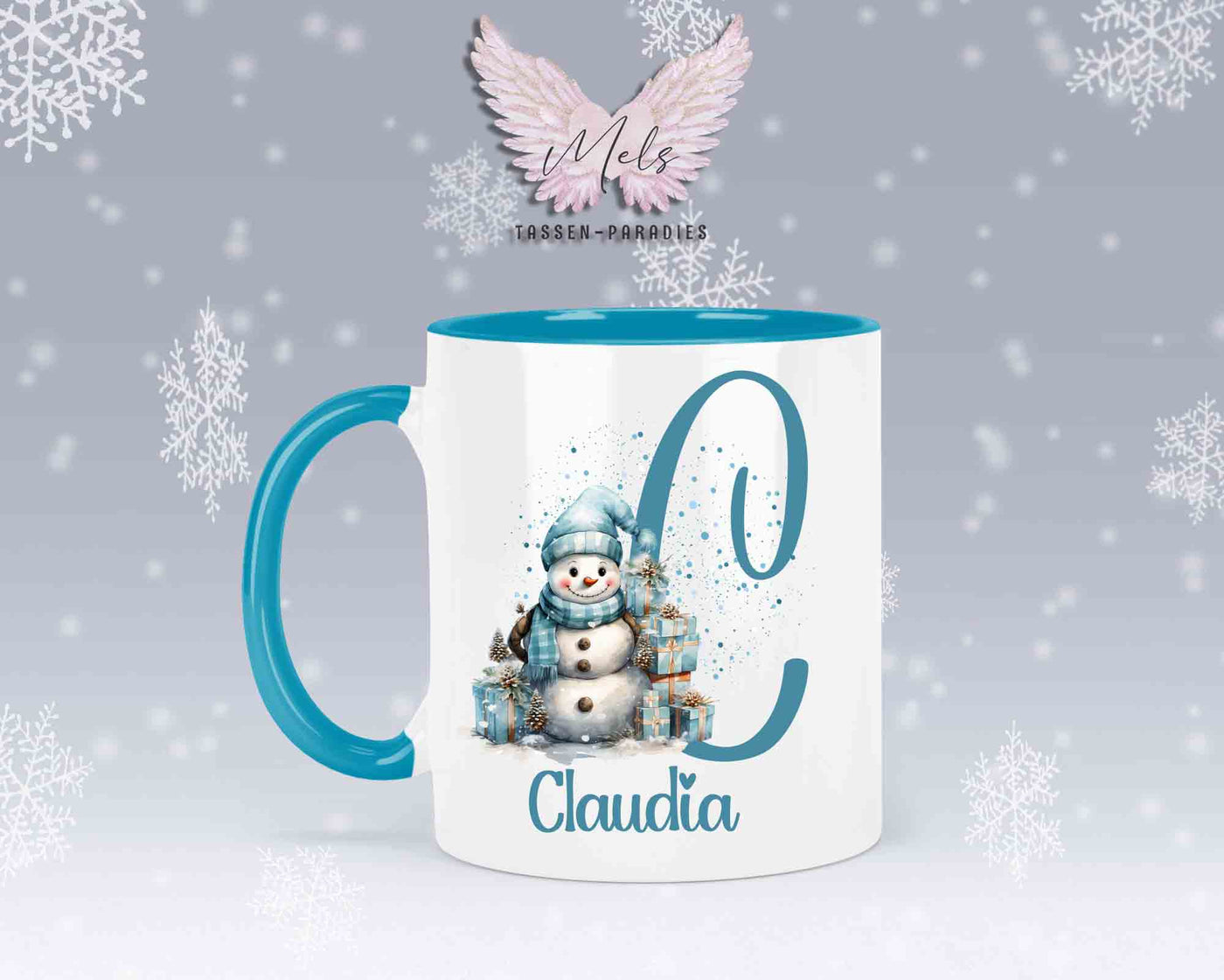Schneemann Türkis-Alphabet mit Name - Personalisierte Keramik-Tasse Hellblau