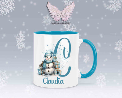 Schneemann Türkis-Alphabet mit Name - Personalisierte Keramik-Tasse Hellblau