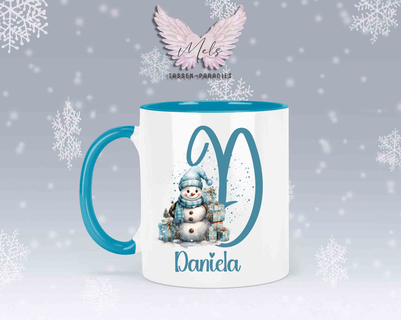 Schneemann Türkis-Alphabet mit Name - Personalisierte Keramik-Tasse Hellblau