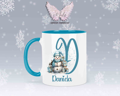 Schneemann Türkis-Alphabet mit Name - Personalisierte Keramik-Tasse Hellblau