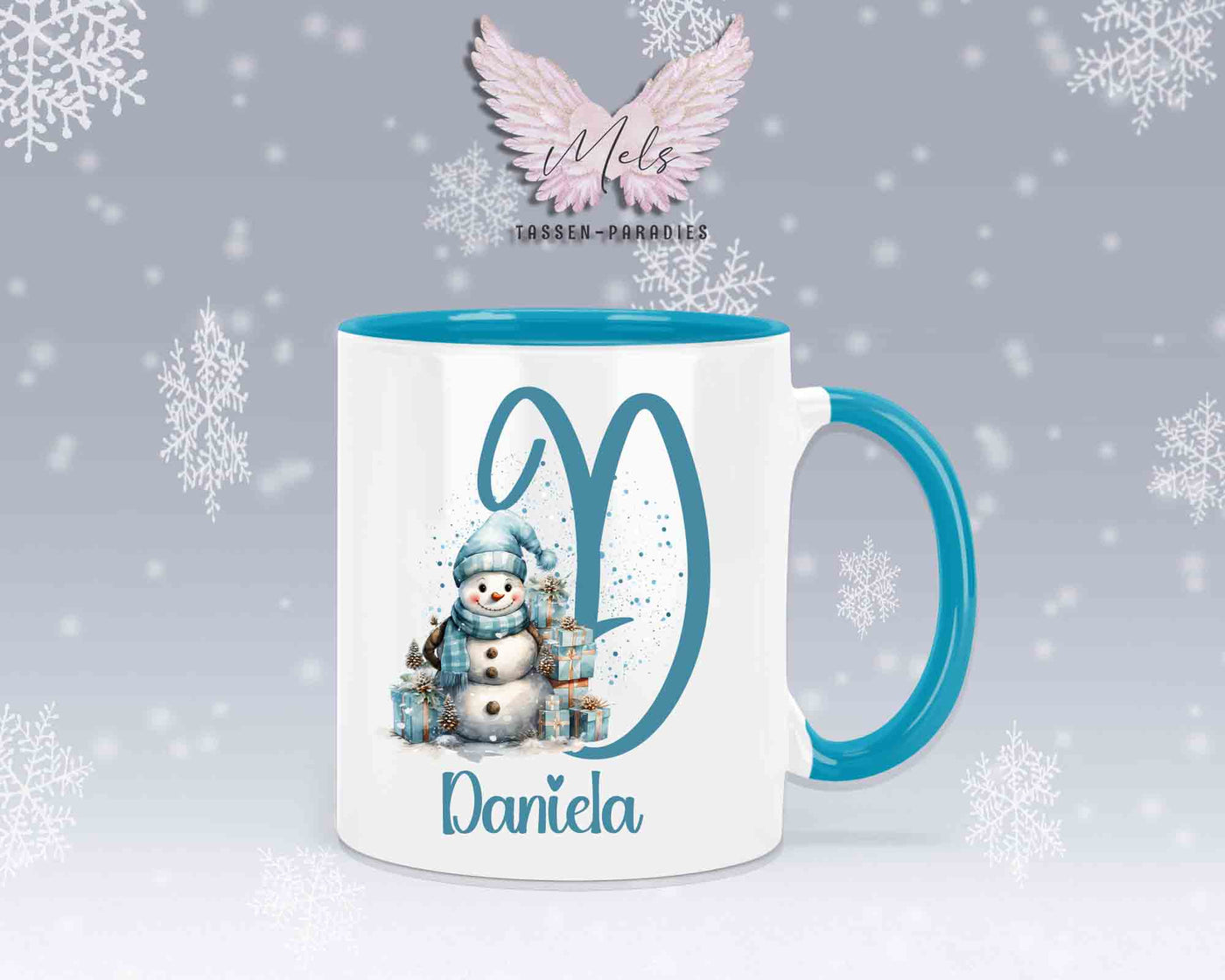 Schneemann Türkis-Alphabet mit Name - Personalisierte Keramik-Tasse Hellblau