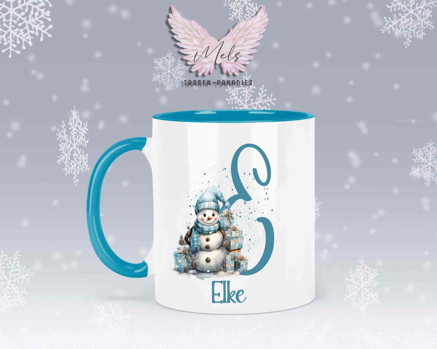 Schneemann Türkis-Alphabet mit Name - Personalisierte Keramik-Tasse Hellblau