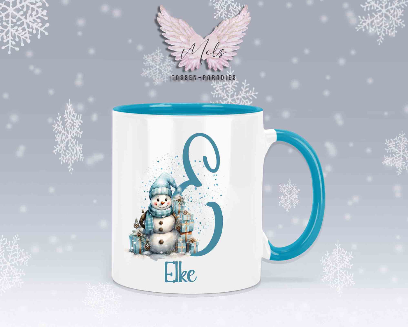 Schneemann Türkis-Alphabet mit Name - Personalisierte Keramik-Tasse Hellblau
