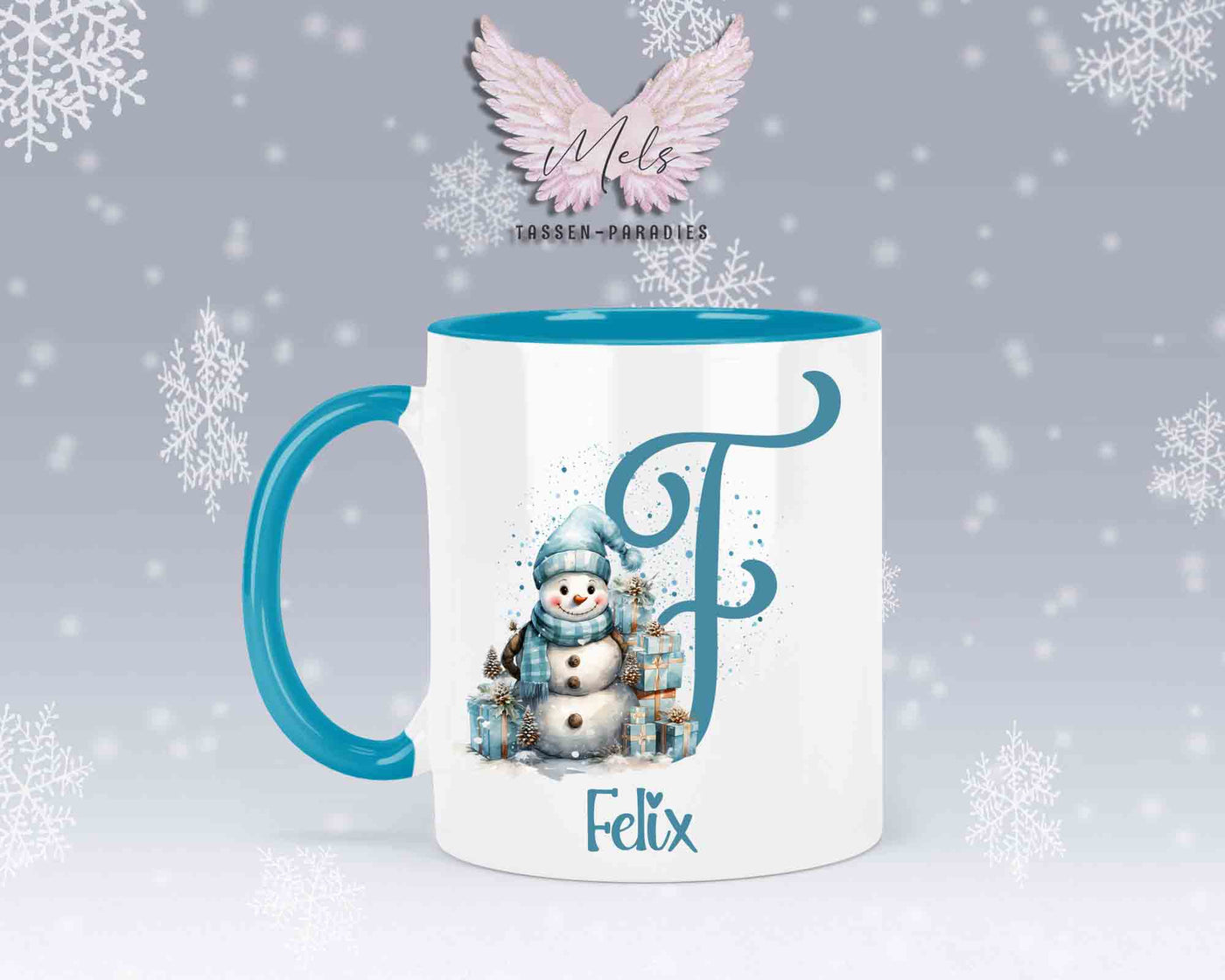 Schneemann Türkis-Alphabet mit Name - Personalisierte Keramik-Tasse Hellblau