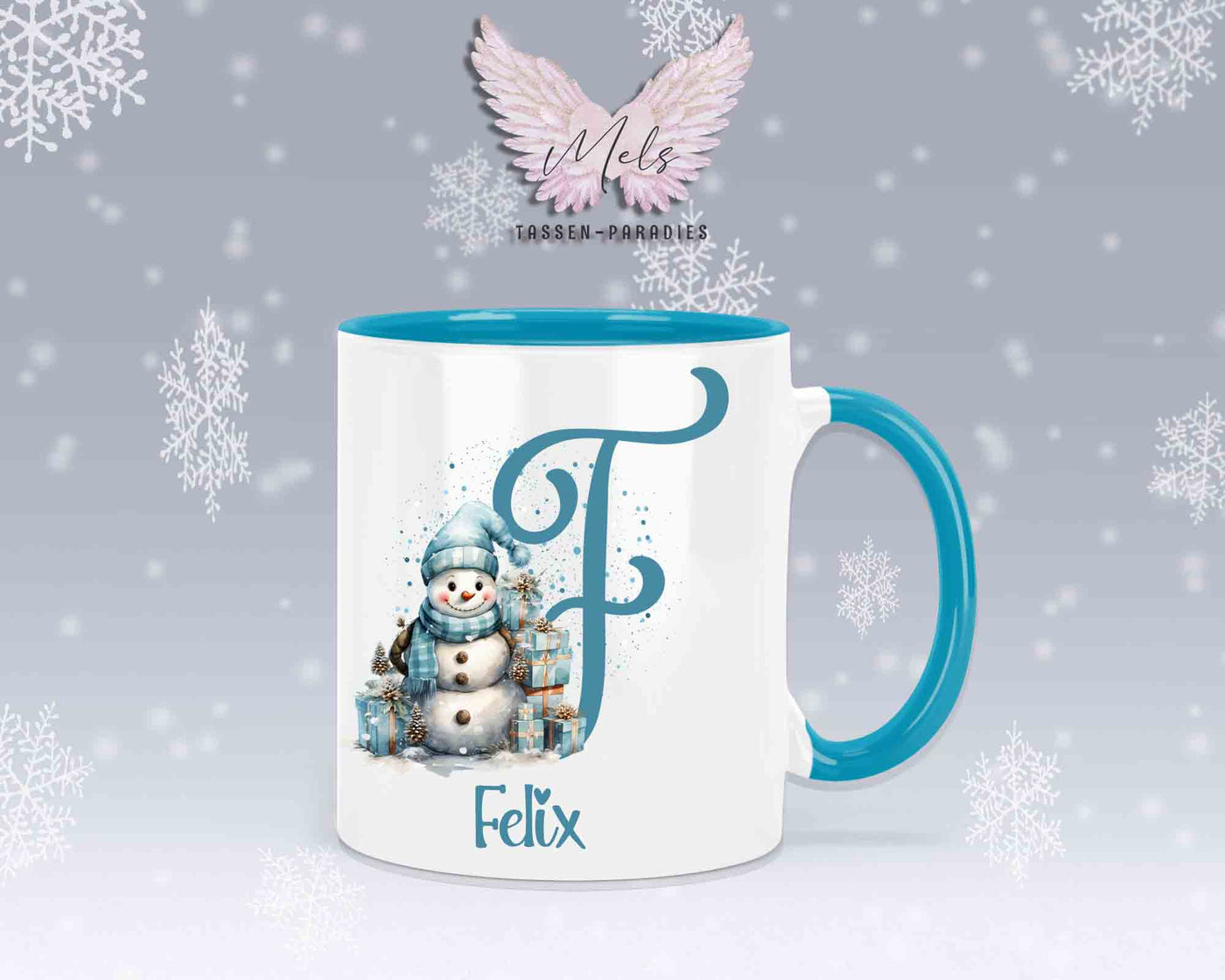 Schneemann Türkis-Alphabet mit Name - Personalisierte Keramik-Tasse Hellblau