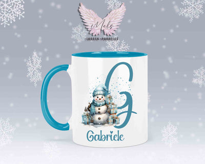 Schneemann Türkis-Alphabet mit Name - Personalisierte Keramik-Tasse Hellblau