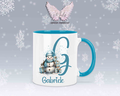 Schneemann Türkis-Alphabet mit Name - Personalisierte Keramik-Tasse Hellblau