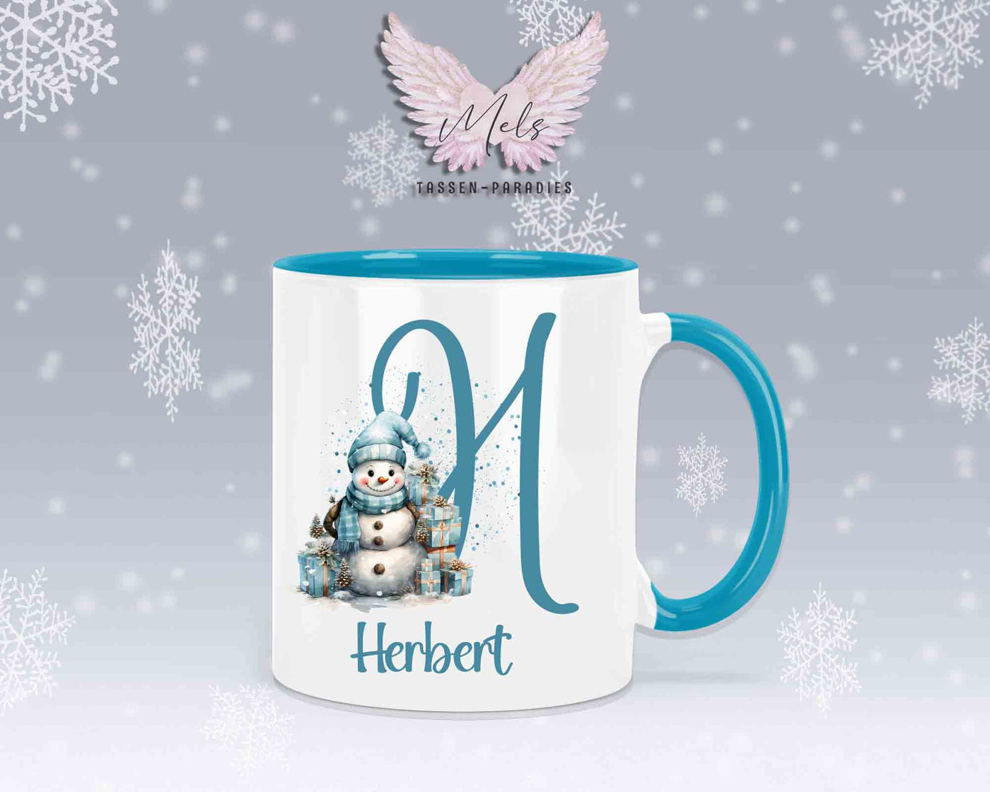 Schneemann Türkis-Alphabet mit Name - Personalisierte Keramik-Tasse Hellblau