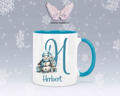 Schneemann Türkis-Alphabet mit Name - Personalisierte Keramik-Tasse Hellblau