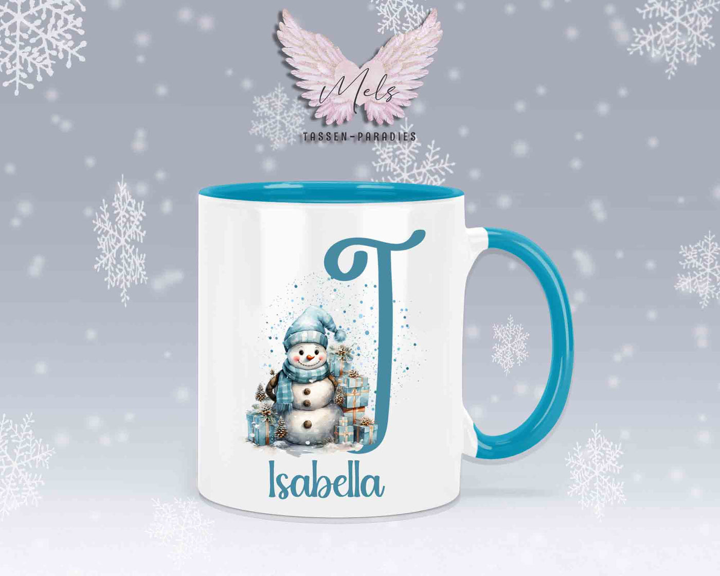 Schneemann Türkis-Alphabet mit Name - Personalisierte Keramik-Tasse Hellblau