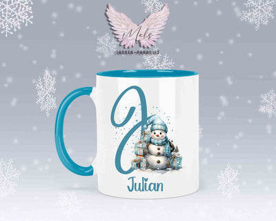 Schneemann Türkis-Alphabet mit Name - Personalisierte Keramik-Tasse Hellblau