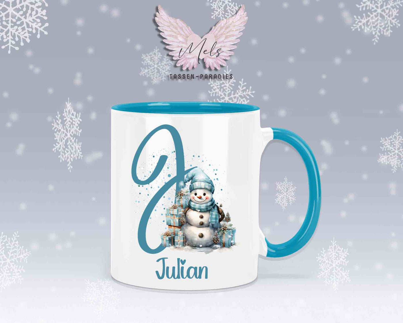 Schneemann Türkis-Alphabet mit Name - Personalisierte Keramik-Tasse Hellblau