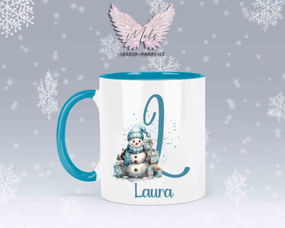 Schneemann Türkis-Alphabet mit Name - Personalisierte Keramik-Tasse Hellblau