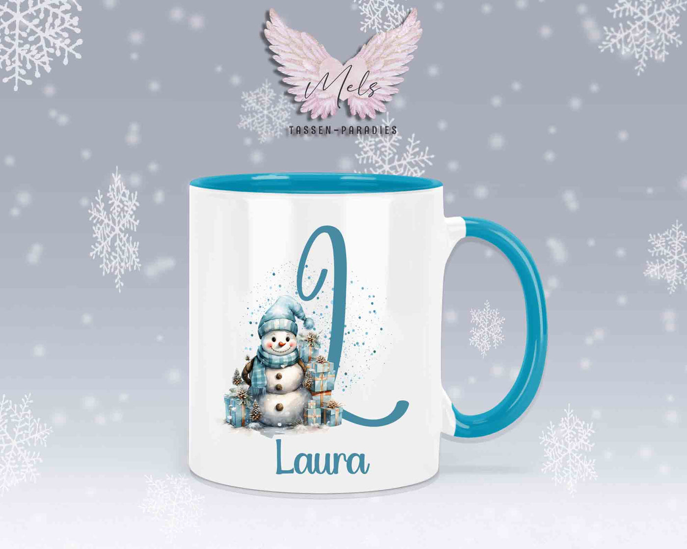 Schneemann Türkis-Alphabet mit Name - Personalisierte Keramik-Tasse Hellblau