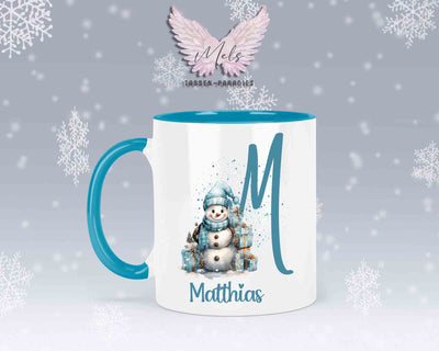 Schneemann Türkis-Alphabet mit Name - Personalisierte Keramik-Tasse Hellblau