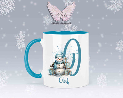 Schneemann Türkis-Alphabet mit Name - Personalisierte Keramik-Tasse Hellblau