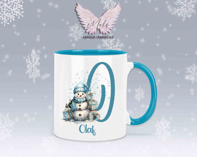 Schneemann Türkis-Alphabet mit Name - Personalisierte Keramik-Tasse Hellblau