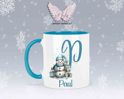 Schneemann Türkis-Alphabet mit Name - Personalisierte Keramik-Tasse Hellblau