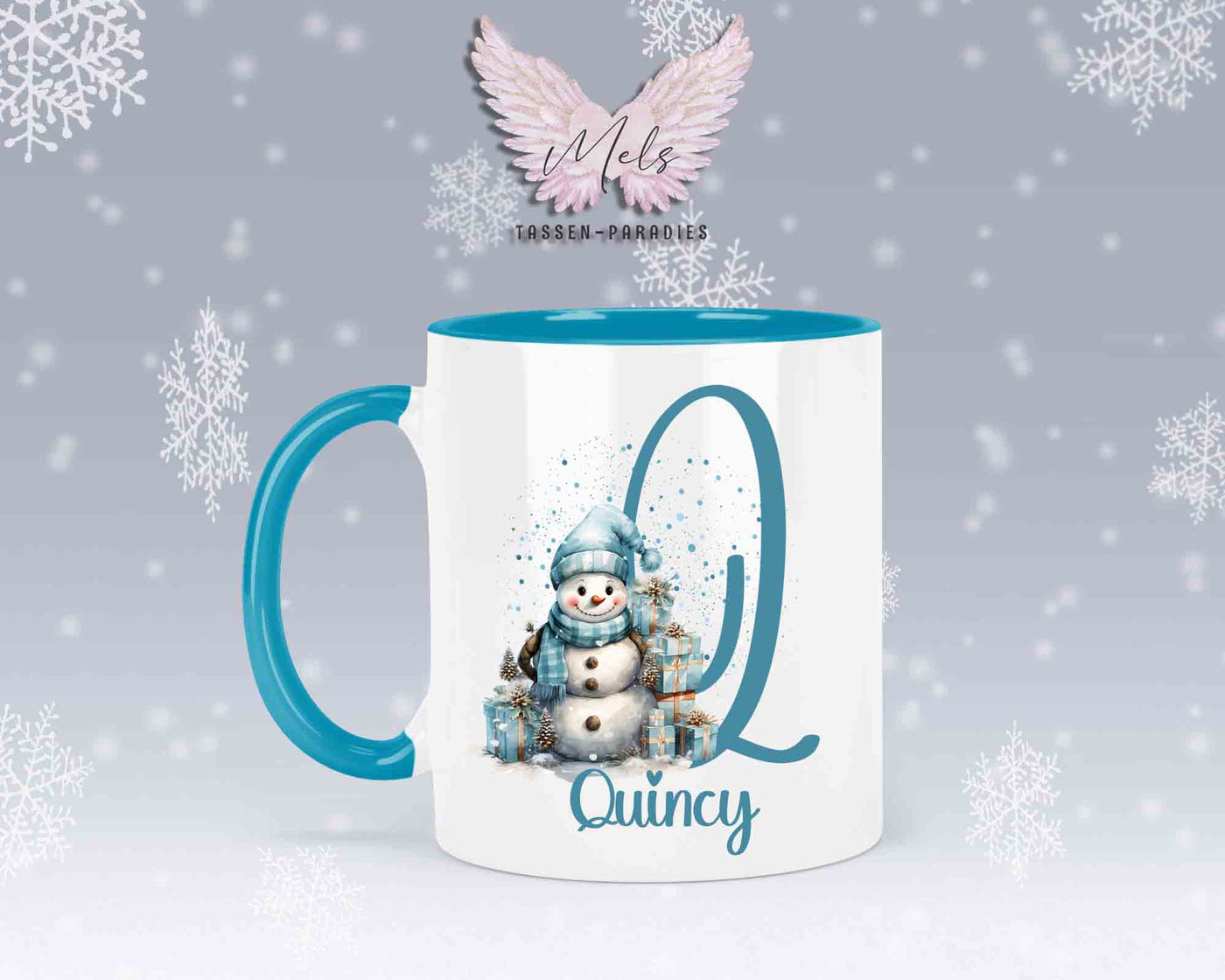 Schneemann Türkis-Alphabet mit Name - Personalisierte Keramik-Tasse Hellblau